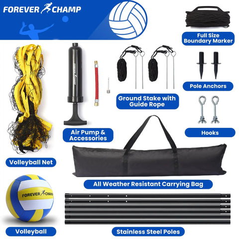 Components of Regulation 32X3 Foot Outdoor Volleyball Net Set With Poles 8.5 Inch PU Volleyball Carrying Bag and Pump