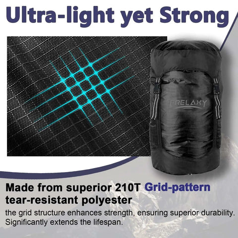 Compression Sack For Camping And Backpacking Ultralight Water Resistant Stuff Sack in 210T polyester with grid pattern detail.