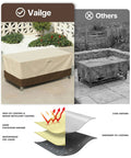 Heavy Duty Waterproof Patio Table Cover For Rectangular Or Oval Tables, All Weather Outdoor Furniture Protector, 600D Oxford Fabric With UV Shield, Dirt Rain Snow Resistant, Large Beige And Brown comparison of beige and brown table cover against weathered table cover, demonstrating durability and waterproof layers.