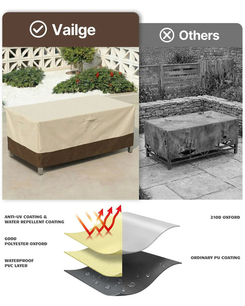 Heavy Duty Waterproof Patio Table Cover For Rectangular Or Oval Tables, All Weather Outdoor Furniture Protector, 600D Oxford Fabric With UV Shield, Dirt Rain Snow Resistant, Large Beige And Brown comparison of beige and brown table cover against weathered table cover, demonstrating durability and waterproof layers.