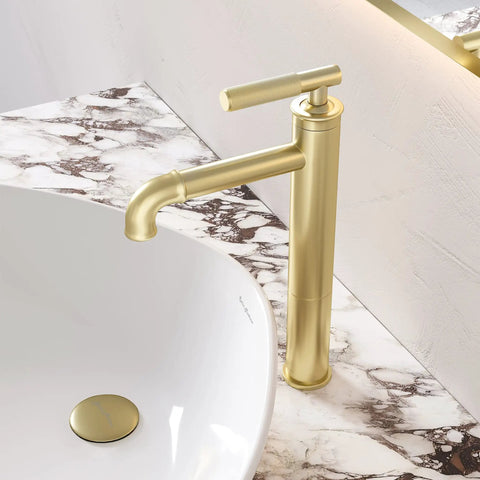 Avallon Single Hole Bathroom Faucet With High Arc Sleek Spout Single Handle Operation Pro Grade Solid Brass Construction 1.2 GPM Flow Rate Brushed Gold Finish Built To Last All Day Use installed on marble vanity