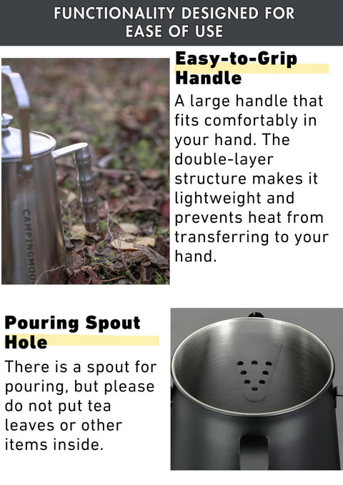 1.5L Campfire Kettle For Camping Stainless Steel Coffee Pot with easy-to-grip handle and pouring spout hole emphasized
