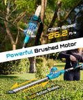 All-In-One Cordless Pole Saw And Hedge Trimmer Kit with 8-Inch Chainsaw cutting tree branch and 16-Inch hedge blade trimming bushes