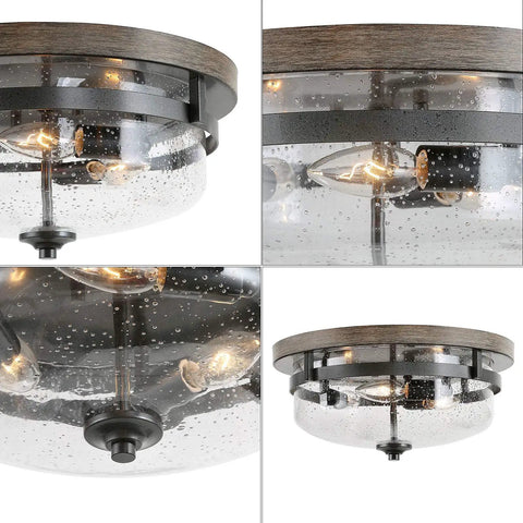 Farmhouse Flush Mount Ceiling Light With Faux Wood Finish And Seeded Glass Shade Vintage Candle Style Fixture For Living Room Or Hallway