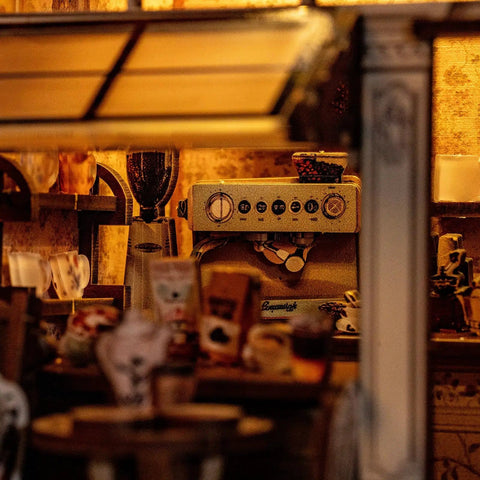 DIY Miniature Coffee Shop Kit with LED Light for Adults Teens and Kids, 3D Wooden Puzzles Craft, retro café dollhouse interior