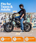 Spark D1 Fat Tire Electric Bike For Teens And Adults, 16-inch black eBike with rider for city use and trail riding