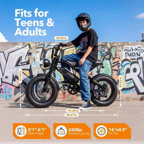 Spark D1 Fat Tire Electric Bike For Teens And Adults, 16-inch black eBike with rider for city use and trail riding
