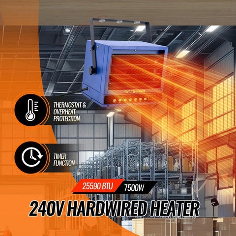 7500W Electric Garage Heater 240V hardwired ceiling mount with digital remote, adjustable louvers for workshop heat to 1250 sq ft.