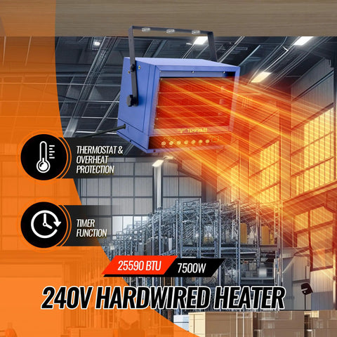 Electric Garage Heater 5000 Watt Ceiling Mount Shop Heater With 3 Heat Levels 240 Volt Hardwired Fan Forced For Large Garages Up To 592 Square Feet Adjustable Angle Louvers Direct Heat For Heat Up Fast in warehouse setting