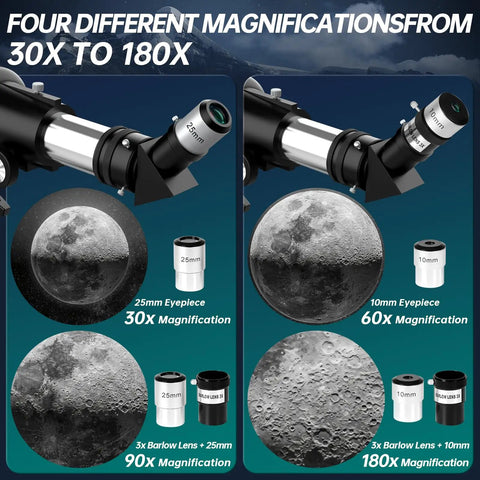 All In One Dope High Powered 90mm Aperture Refractor Telescope magnification levels from 30x to 180x with eyepieces