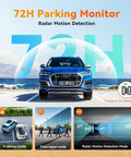 Car showcasing 4K Front And Rear Dash Cam With GPS And 5G WiFi Night Vision Radar Motion Detection 72 Hour Parking Mode features.