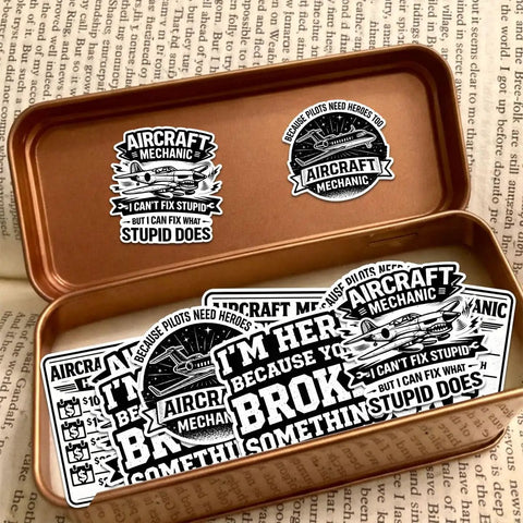 12 Piece Aircraft Mechanic Stickers Pack Dope Aviation Decals For Planes And Maintenance Techs in a brown tin box