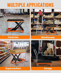 Hydraulic lift table cart with orange frame and black top; 1100 lb capacity, shown in factory, warehouse, and garage.