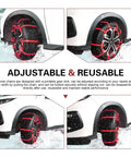 Hella Grippy Nylon Snow Chains For Passenger Car Tires on tire, showcasing adjustable fit and secure locking mechanism in snowy conditions.