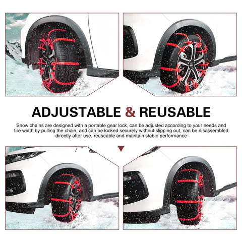Hella Grippy Nylon Snow Chains For Passenger Car Tires on tire, showcasing adjustable fit and secure locking mechanism in snowy conditions.