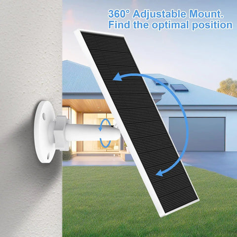 Outdoor Camera Solar Panel Charger 5W Compatible With Eufycam 3C 3 2C 2C Pro 2 2 Pro E20 E40 E L40 L20 shown mounted on wall with adjustable bracket