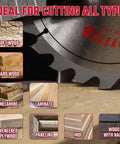 Revvstark 5-1/2 inch carbide circular saw blade with 10mm arbor; icons show softwood, hardwood, melamine, laminate, MDF