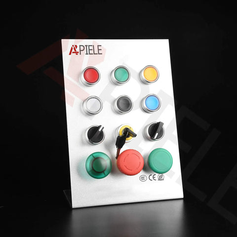 Display of various control panel buttons including 22mm 2 Position Maintained Selector Switch 10A 440V Pack Of 2 Plastic Body.
