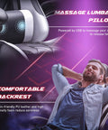 Detail of All Day Comfort Pro Grade Ergonomic High Back Gaming Chair With Footrest And Massage Lumbar Support showing massage pillow and relaxed user.