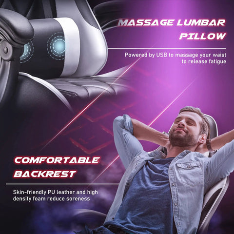Detail of All Day Comfort Pro Grade Ergonomic High Back Gaming Chair With Footrest And Massage Lumbar Support showing massage pillow and relaxed user.