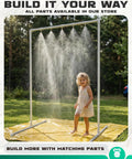 Child playing under DIY outdoor PVC misting frame in garden setting