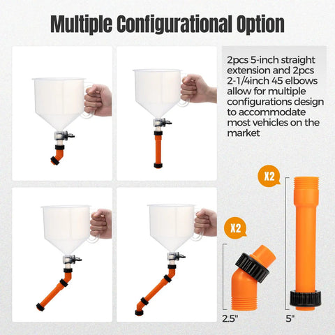 Multiple configurations of the 23 Piece No Spill Coolant Funnel And Siphon Hose Pump Kit for versatile use in vehicle maintenance.