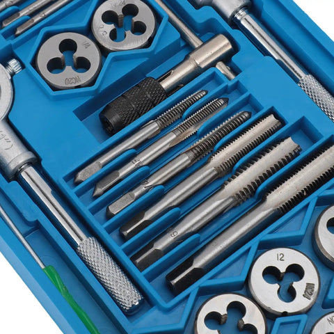 Premium 40 Piece High Carbon Steel Tap And Die Set With Wrenches Thread Gauge And Screwdriver For Auto Repair Metalworking And DIY Projects To Fix Threads On The Fly, blue case