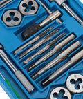 Heavy Duty 40-Piece Tap And Die Set For Machinists Featuring High Carbon Steel Fine Threads With Ratcheting Wrenches Thread Gauge Screwdriver And T-Wrench Perfect For Auto Repair Metalworking And DIY Projects, taps and dies in blue case