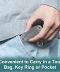 Bolt Size Finder Keychain Set with Mini Vernier Calipers and Ruler fitting in a pocket, showing portability.