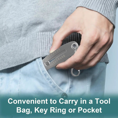 Bolt Size Finder Keychain Set with Mini Vernier Calipers and Ruler fitting in a pocket, showing portability.