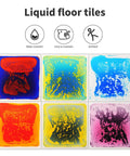 Six colorful Liquid Sensory Floor Tiles Set 11.8 Inch Square Multicolor For Kids Interactive Sensory Play With Floating Objects And Colorful Liquid Swirls No Installation Needed Six Tile Pack on display.