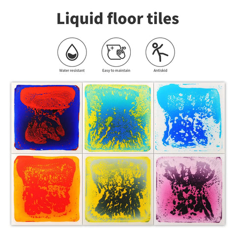 Six colorful Liquid Sensory Floor Tiles Set 11.8 Inch Square Multicolor For Kids Interactive Sensory Play With Floating Objects And Colorful Liquid Swirls No Installation Needed Six Tile Pack on display.