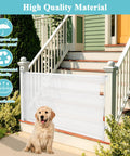 Retractable Baby Gate For Stairs And Doorways, Extends Up To 51 Inches, Kid And Pup Safe Mesh Barrier With Auto Close, Indoor Outdoor Use, Easy Install, White installed at stairs with a dog