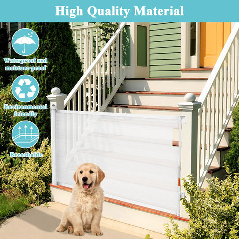 Retractable Baby Gate For Stairs And Doorways, Extends Up To 51 Inches, Kid And Pup Safe Mesh Barrier With Auto Close, Indoor Outdoor Use, Easy Install, White installed at stairs with a dog