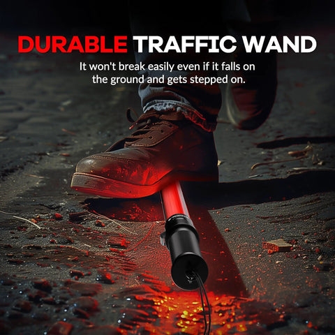 10 Pack 21 Inch Lit LED Traffic Safety Wand With 3 Flashing Modes For Parking Guides And Air Traffic Style Signals Lightweight PVC Baton That Runs On 2 C Batteries Not Included, shown on ground with foot stepping on it