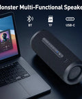 60W True Wireless Stereo Outdoor Speaker With IPX8 Waterproof Dual Pairing Bluetooth 5.4 Built In Mic Portable Party Speaker For Outdoors Beastly Bass Loud Clear 360 Degree Sound next to laptop