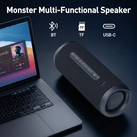 60W True Wireless Stereo Outdoor Speaker With IPX8 Waterproof Dual Pairing Bluetooth 5.4 Built In Mic Portable Party Speaker For Outdoors Beastly Bass Loud Clear 360 Degree Sound next to laptop