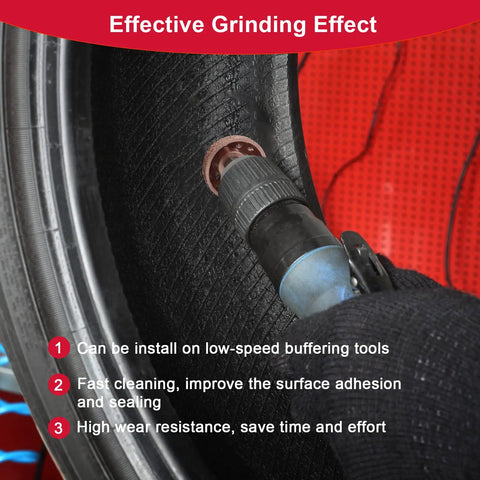 Using Two Pack Tire Patch Tools Kit With Strong Patch Roller And Buffing Wheel on tire surface for effective grinding