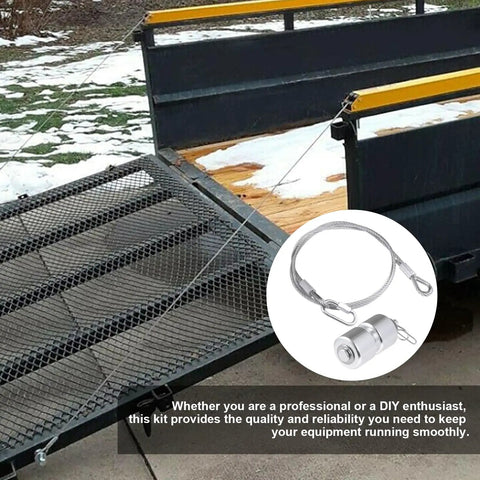 Heavy Duty Lift Cable Replacement Kit Compatible With Gate Assist Includes EZ Spring Clips 4 Aluminum Roller Pins And Washers 2 Pack For Trailer Gate Lift System Durable And Easy To Install Built To Last shown on a trailer gate