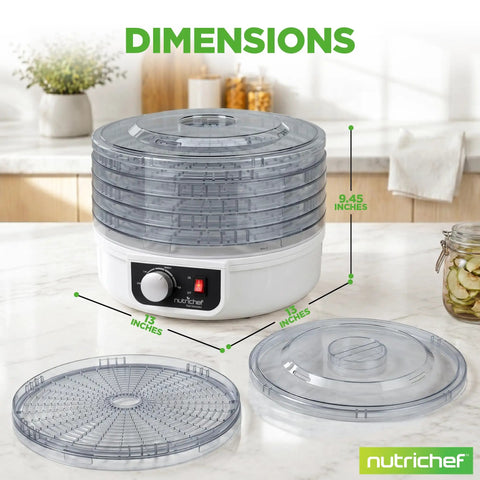 Slick Electric Countertop Food Dehydrator With Five Stackable Trays, showing dimensions of 9.45 inches high and 13 inches wide.