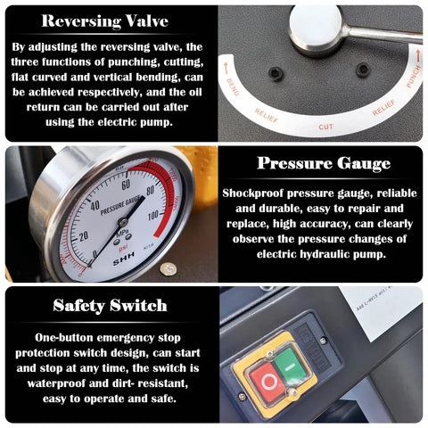 Techtongda 4 In 1 Hydraulic Busbar Bender And Cutter Machine Shearing Punching Electric Processor For Copper Aluminum Heavy Duty Tool with pressure gauge and safety switch.