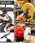 Pro Grade 4 Inch Metal Buffing And Polishing Kit for Drill installation steps shown with electric and bench drills.