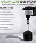 Vertical Float Switch For Sump Pumps Universal Replacement With Ten Foot Cord next to list of product features and benefits