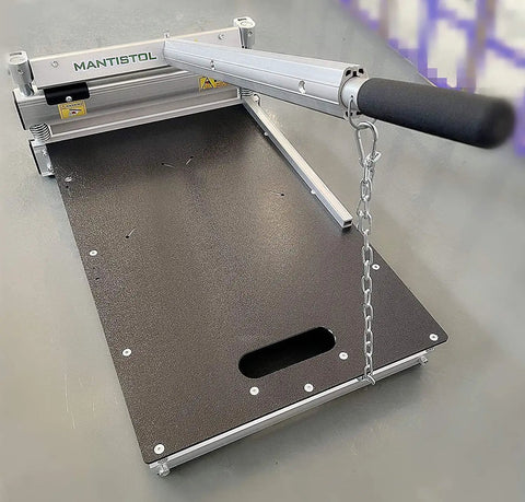 Pro Grade Floor Cutter For Laminate And Vinyl With Quick Install Kit, handle extended on sturdy metal base, chain visible