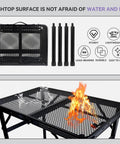 Foldable Camping Table With Adjustable Height shows fire-resistant mesh top and detachable legs, durable for outdoor grilling.