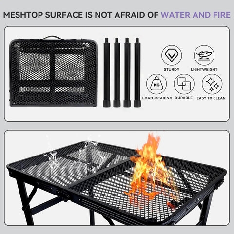 Foldable Camping Table With Adjustable Height shows fire-resistant mesh top and detachable legs, durable for outdoor grilling.