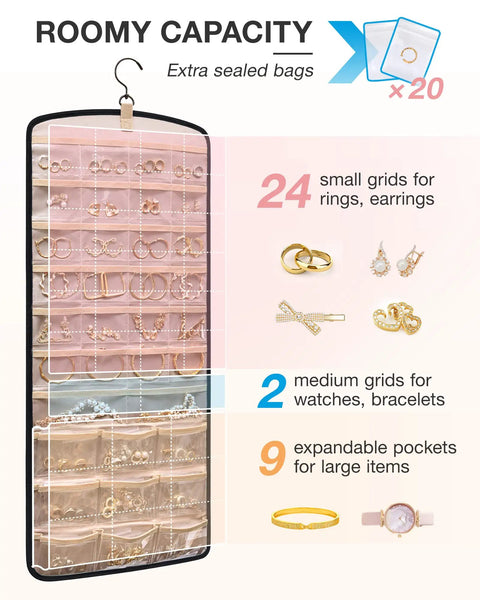 Anti-Tangle Hanging Jewelry Organizer With 32 Clear Pockets And 20 PVC Anti-Tarnish Bags, showing small and large grids for jewelry.