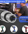 Mechanic using Compact Offset Extension Wrench For Electric Drills And Impact Wrenches, Slim Profile Built To Fit Tight Spots, Includes Four Socket Sleeve Adapters And One Half, Three Eighths, One Quarter Inch Drill Adapters, Tungsten Steel Construction
