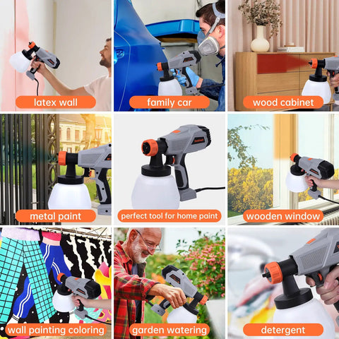 Image collage showing Pro Grade HVLP Paint Sprayer Kit With 1300ml Cup used on different surfaces like walls, cars, and cabinets.