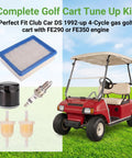 Fresh Golf Cart Tune Up Kit For Club Car Ds Gas Carts With Fe290 Fe350 Engines includes air filter, oil filter, spark plug, fuel filters, and red golf cart.